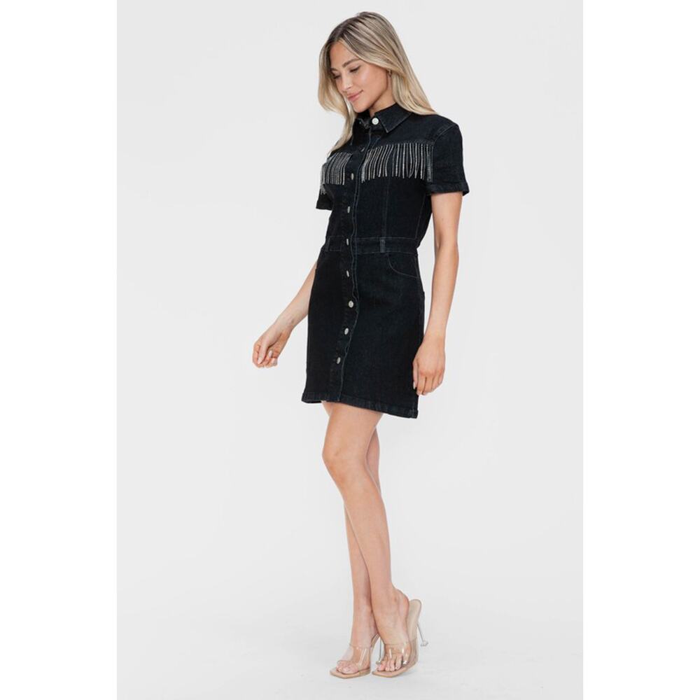 BYTOS Black Denim Fringe Embellished Button Down Short Sleeve Jean Dress NEW - Picture 5 of 5